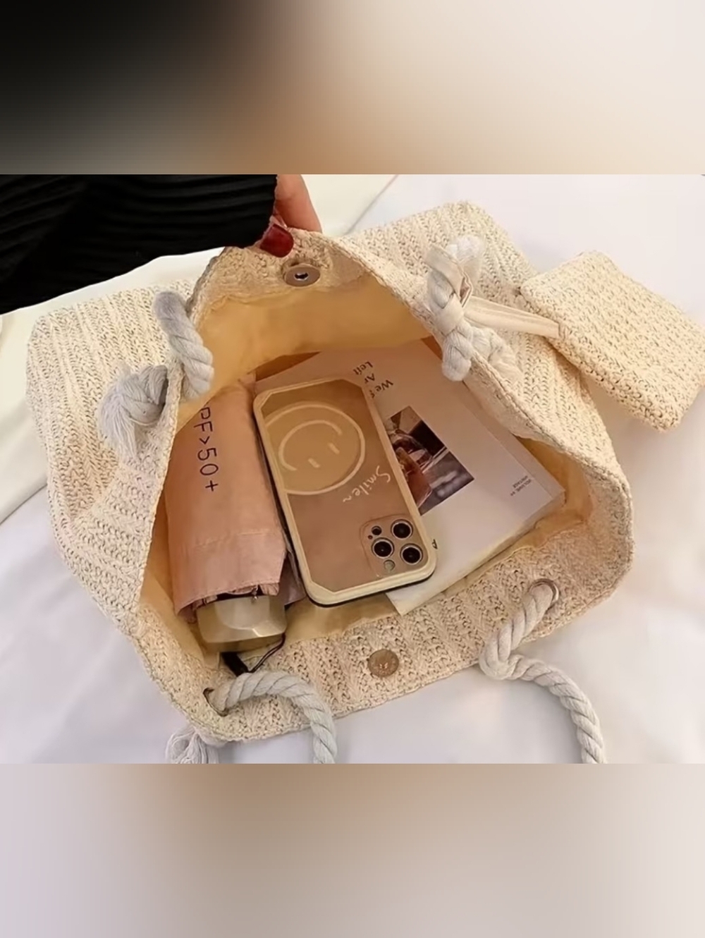 Neutral Woven Tote Bag with Matching Pouch - Cream - Picture 2 of 4